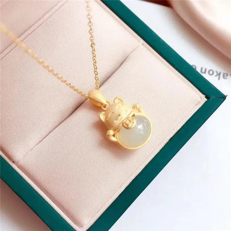 Bohemian Charm Cat Necklace Silver Inlaid Hotan Jade Women's Jewelry