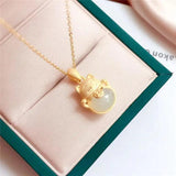 Bohemian Charm Cat Necklace Silver Inlaid Hotan Jade Women's Jewelry