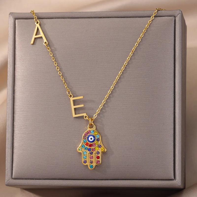 Zircon Hamsa Hand Initial Letter Evil Eye Necklace for Women