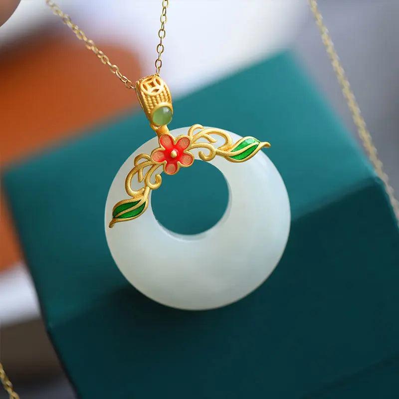 Silver Inlaid Hetian Chalcedony Ring & Enamel Pendant Necklace Set