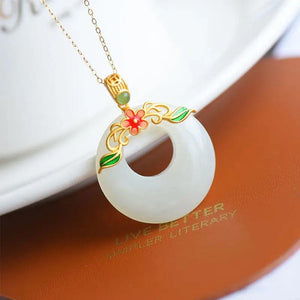 Silver Inlaid Hetian Chalcedony Ring & Enamel Pendant Necklace Set
