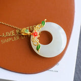 Silver Inlaid Hetian Chalcedony Ring & Enamel Pendant Necklace Set