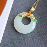 Silver Inlaid Hetian Chalcedony Ring & Enamel Pendant Necklace Set