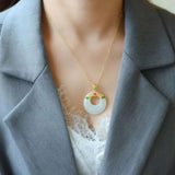 Silver Inlaid Hetian Chalcedony Ring & Enamel Pendant Necklace Set
