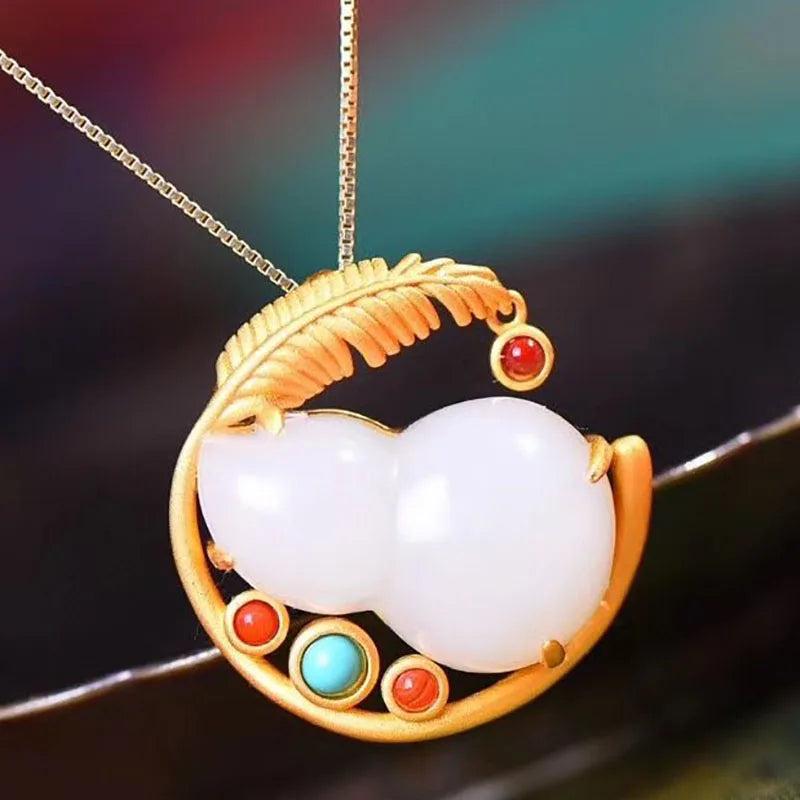 Natural Hetian Chalcedony Gourd Pendant Necklace Chinese Retro Craft Jewelry