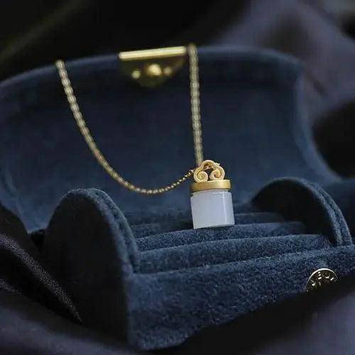 Silver Inlaid Hetian Jade Xiangyun Cylinder Pendant Necklace