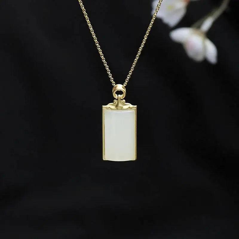 Silver Inlaid Hotan Jade Pendant Necklace Square Frosty Wind Women's Jewelry