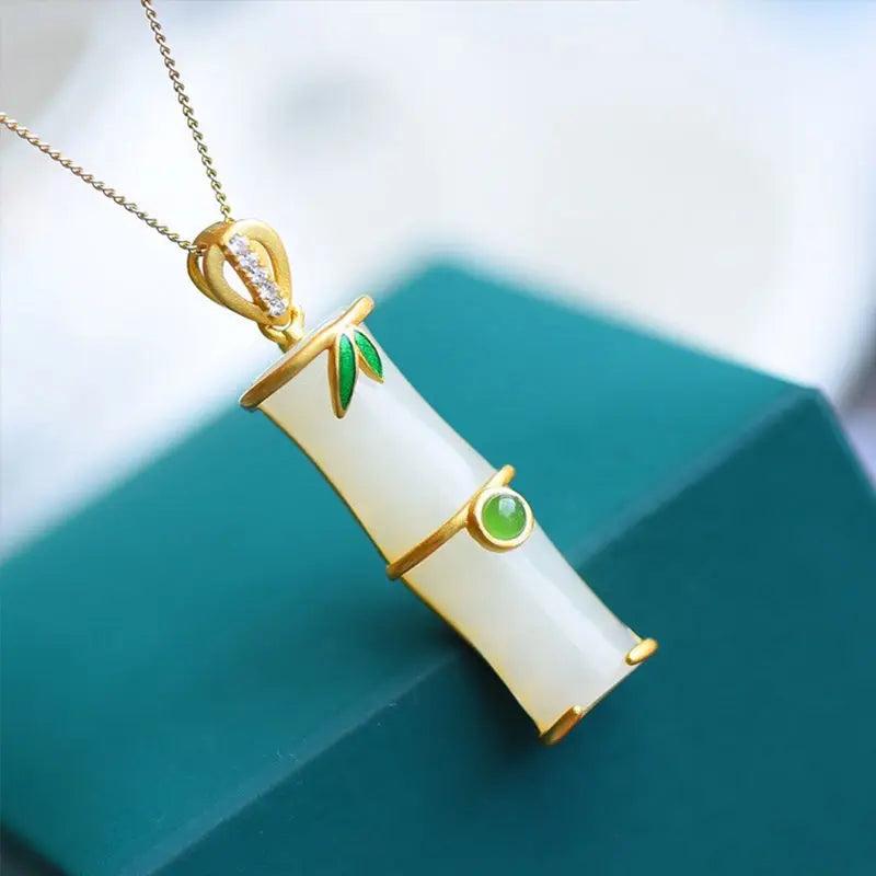 Silver Inlaid Hetian Jade Bamboo Pendant Necklace Chinese Court Charm Jewelry