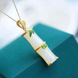 Silver Inlaid Hetian Jade Bamboo Pendant Necklace Chinese Court Charm Jewelry