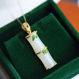 Silver Inlaid Hetian Jade Bamboo Pendant Necklace Chinese Court Charm Jewelry
