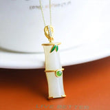 Silver Inlaid Hetian Jade Bamboo Pendant Necklace Chinese Court Charm Jewelry