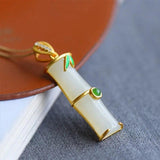 Silver Inlaid Hetian Jade Bamboo Pendant Necklace Chinese Court Charm Jewelry