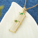 Silver Inlaid Hetian Jade Bamboo Pendant Necklace Chinese Court Charm Jewelry