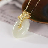 Silver Hetian Chalcedony Safe Buckle Pendant Necklace Diamond Charm