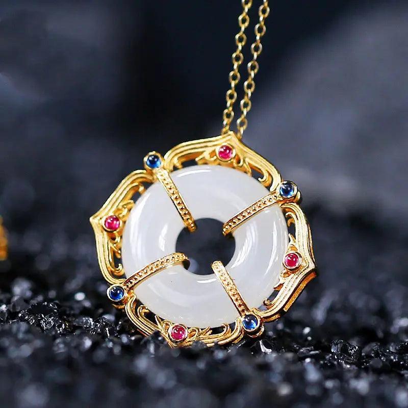Ancient Craft Crystal Hetian Jade Necklace Pendant Ethic Jewelry