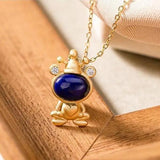 Silver Inlaid Lapis Lazuli Frog Pendant Necklace Chinese Retro Craft