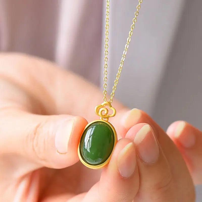 Hetian Chalcedony Oval Cloud Pendant Silver Inlay Necklace