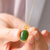 Hetian Chalcedony Oval Cloud Pendant Silver Inlay Necklace