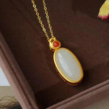 Silver Inlaid Hetian Jade Oval Pendant Necklace Retro Charm Jewelry