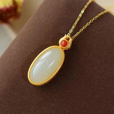 Silver Inlaid Hetian Jade Oval Pendant Necklace Retro Charm Jewelry