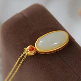 Silver Inlaid Hetian Jade Oval Pendant Necklace Retro Charm Jewelry