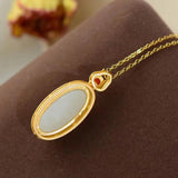 Silver Inlaid Hetian Jade Oval Pendant Necklace Retro Charm Jewelry