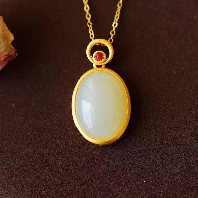 Hetian Jade Egg Pendant Necklace with Silver Inlay