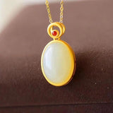 Hetian Jade Egg Pendant Necklace with Silver Inlay