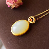 Hetian Jade Egg Pendant Necklace with Silver Inlay