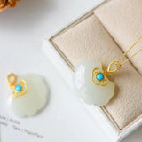 Silver Hetian Jade Retro Square Pendant Necklace for Women