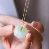 Silver Hetian Jade Retro Square Pendant Necklace for Women