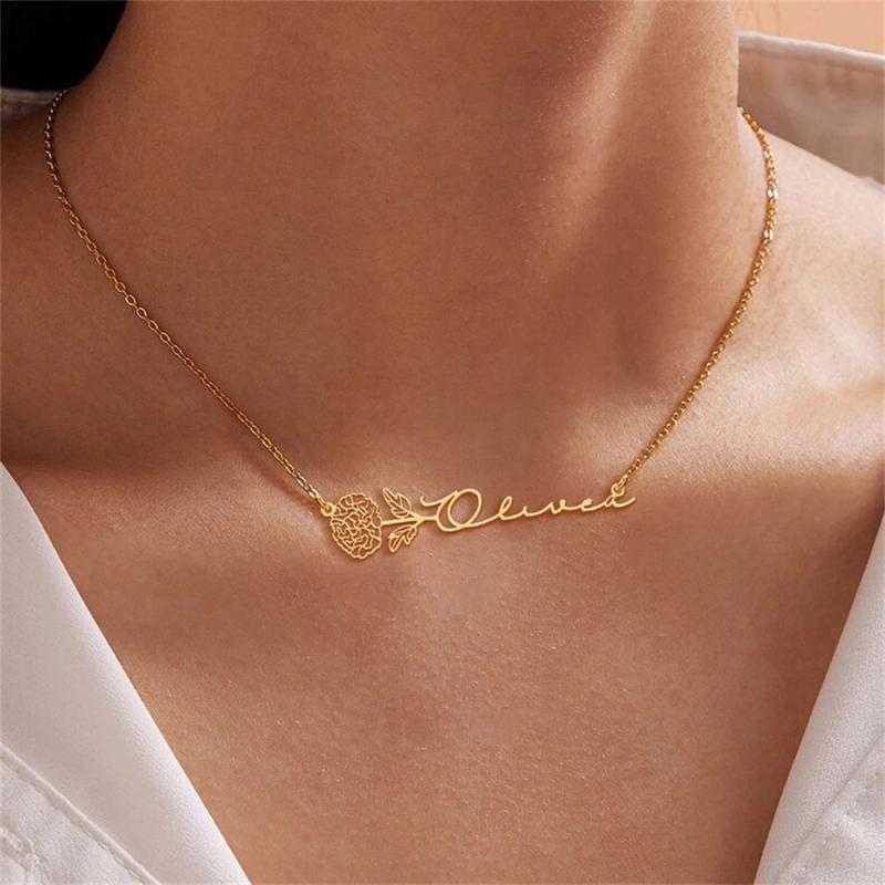 Personalized Horizontal Birth Flower Name Necklace Stainless Steel Pendant