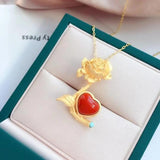 Silver Inlaid South Red Love Rose Pendant Necklace