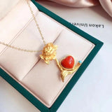 Silver Inlaid South Red Love Rose Pendant Necklace