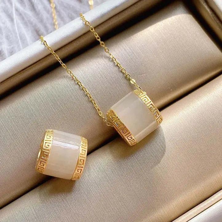 Silver Hetian Jade Geometric Pendant Necklace Retro Craft Women Jewelry