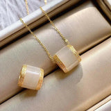 Silver Hetian Jade Geometric Pendant Necklace Retro Craft Women Jewelry