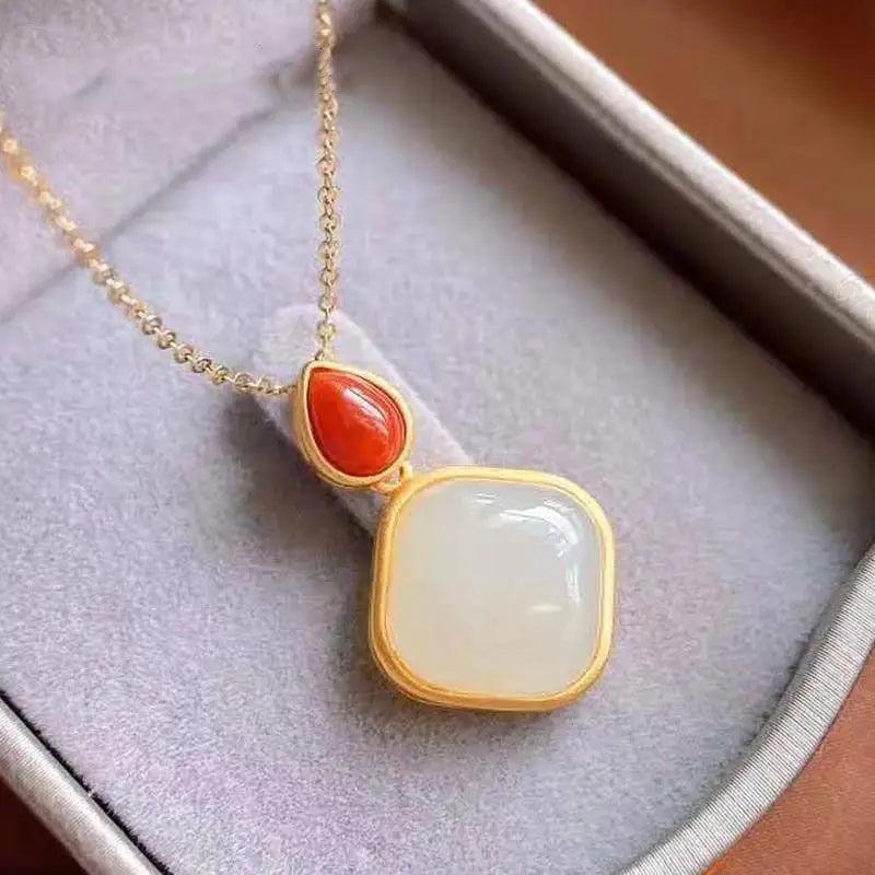 Silver Hetian Jade Pendant Necklace Chinese Retro Unique Craft Women's Jewelry