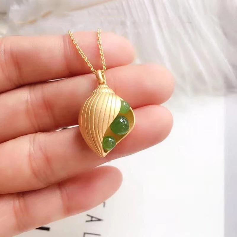 Silver Inlaid Hetian Conch Pendant Necklace
