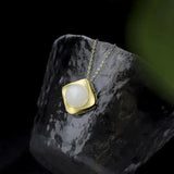 Silver Inlaid Hetian Jade Pendant Necklace Round Charm Compact Light Golden