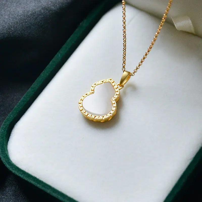 Silver Inlaid Hetian Jade Gourd Pendant Necklace Retro Charm Women's Jewelry