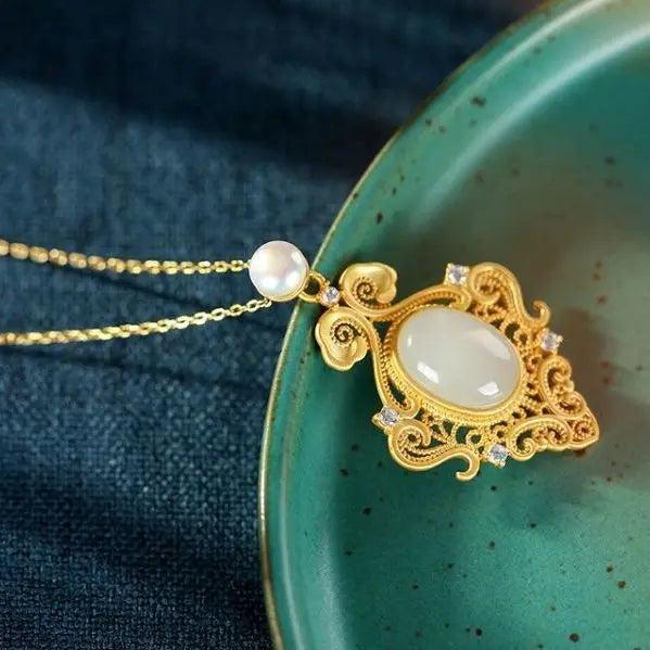 Silver Inlaid Natural Hetian Jade Pearl Pendant Necklace