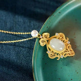 Silver Inlaid Natural Hetian Jade Pearl Pendant Necklace