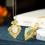 Silver Inlaid Natural Hetian Jade Pearl Pendant Necklace