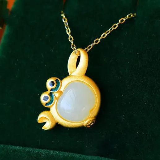 Silver Inlaid Hetian Jade Crab Pendant Necklace Women Charm Jewelry