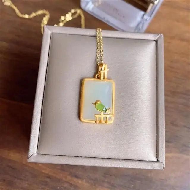 Hetian Jade Sparrow Pendant Necklace with Silver Inlay