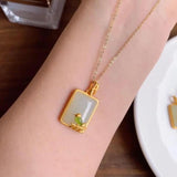 Hetian Jade Sparrow Pendant Necklace with Silver Inlay