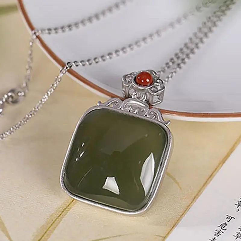 Vintage Hetian Sapphire Pendant Necklace with Silver Inlay