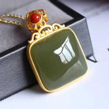 Vintage Hetian Sapphire Pendant Necklace with Silver Inlay