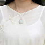 Vintage Hetian Sapphire Pendant Necklace with Silver Inlay