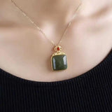 Vintage Hetian Sapphire Pendant Necklace with Silver Inlay
